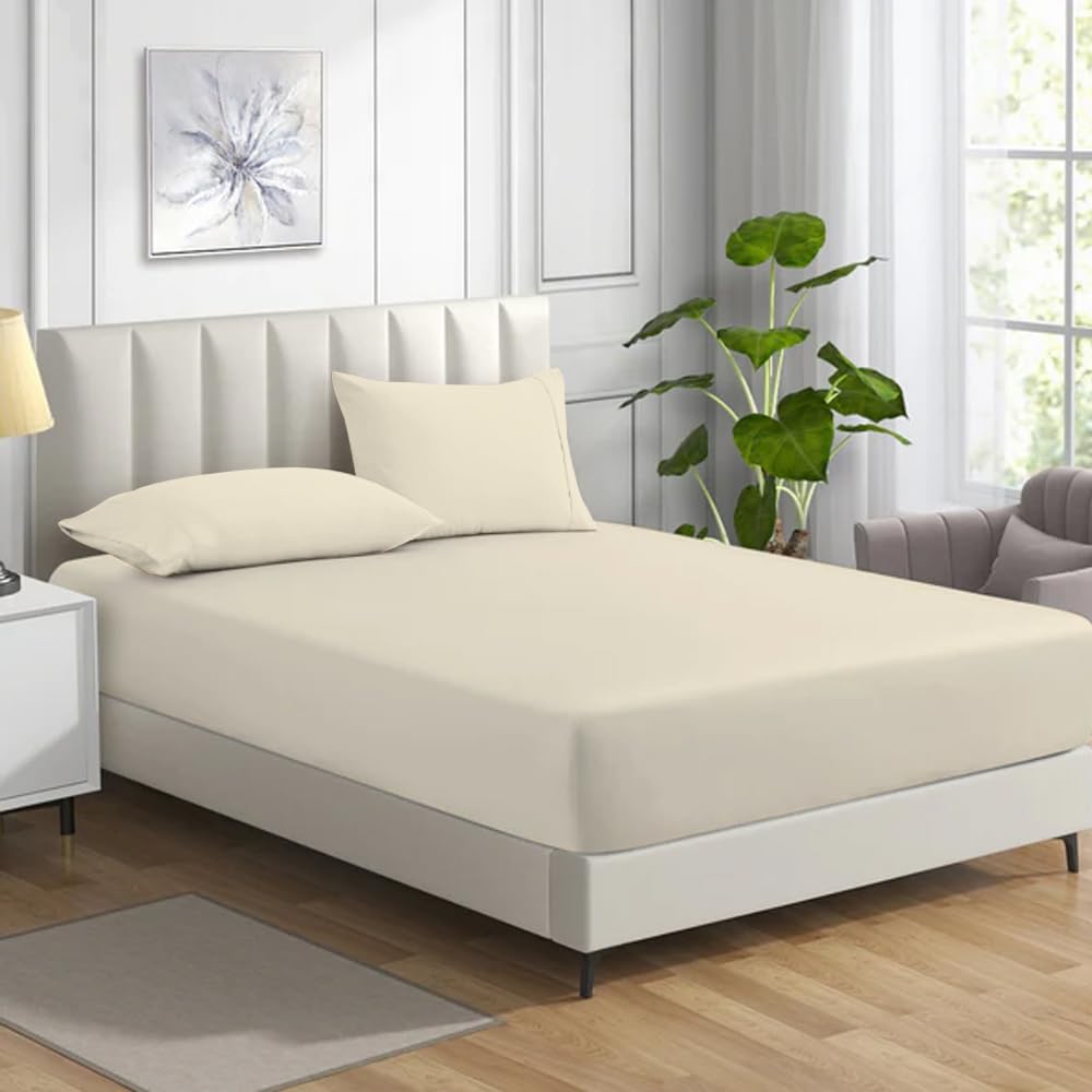 MistyMorning Fitted Sheet, Soft & Premium quality Bedding & Linen, 11''/28cm deep sheet, Egyptian Cotton with 200 Thread Count. (Cream, Super King)