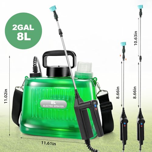 SideKing 8L Electric Sprayer Garden Sprayer 3 Speed Adjustable Handle 4 Nozzles Telescopic Lance Battery Sprayer for Weeding Lawn Driveway - Transparent Green
