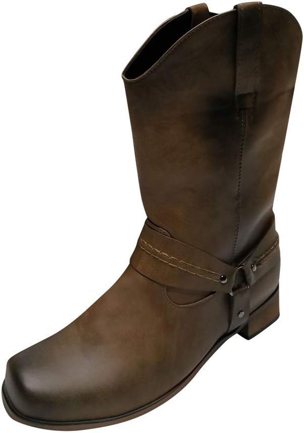 Mens Western Cowboy Boots with Pull On Tags Vintage Buckle Strap Block Heel PU Leather Biker Riding Booties Wide Calf Boots Shoes