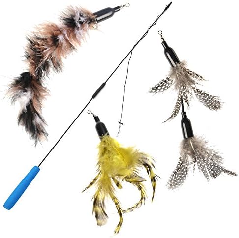Cat Toys Interactive Feather Teaser Wand – Multi Replacement Exerciser for Cat Kitten 3 Pieces Assorted Colors