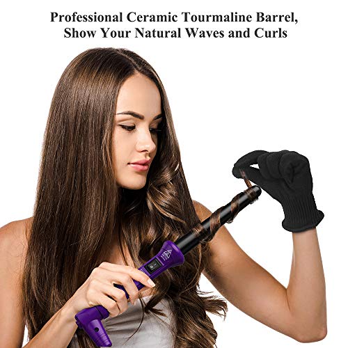 Ovonni Ionic Curling Wand, 3/4-1 Inch Dual Voltage Ceramic Tourmaline Curling Iron Wand, Professional Instant Heat Up Hair Wand for Loose Curls and Waves with Heat Protective Glove (Purple)