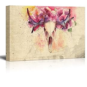 Canvas Print Wall Art - Water Color Skull of a Deer with Flowers on Horns - Gallery Wrap Modern Home Art | Ready to Hang - 12x18 inches