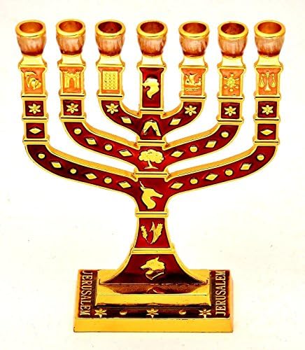 Gold Plated Menorah Paint By Enamel Decorated with Symbols of 12 Tribes
