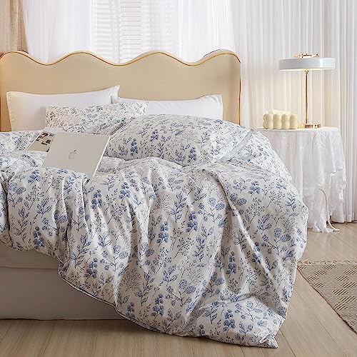 LifeTB Vintage Style Cotton Floral Duvet Cover Queen Boho Blue Floral Bedding Sets Chic Shabby Aesthetic Floral Comforter Cover Soft Botanical Bedding Sets 1 Queen Duvet Cover 2 Pillow Shams