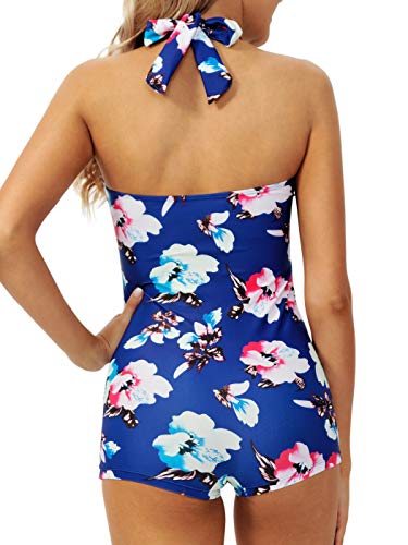 Women\'s Vintage Dot One Piece Tummy Control Swimwear Push Up Boyleg Ruched Swimsuit