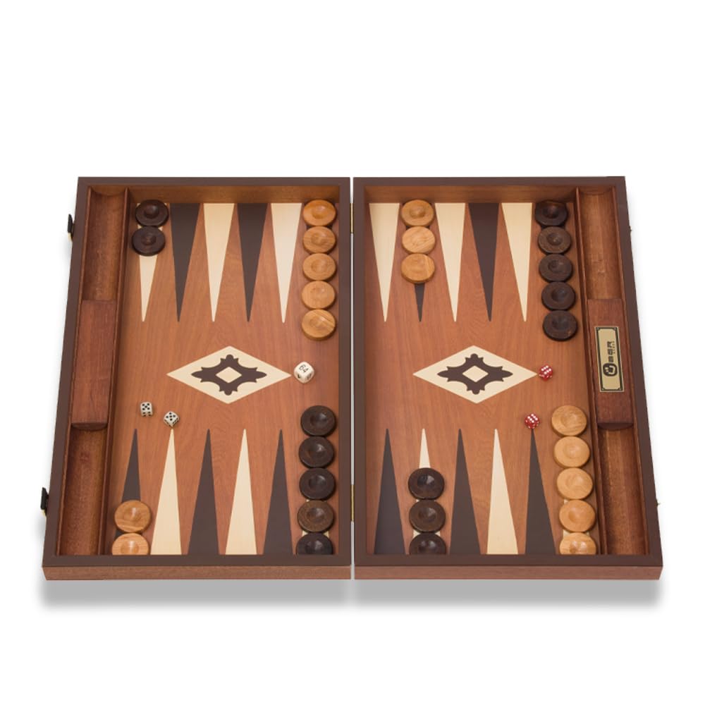 Uber Games Mahogany Backgammon Set with side racks & accessories - 19 inch x 12 inch (48cm x 30cm) Closed) – Classic Strategy Board game – Suitable for all players