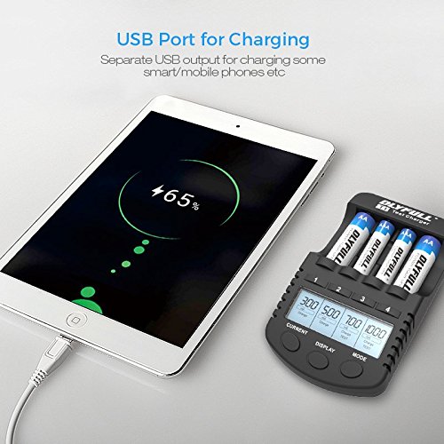 Dlyfull Smart AA and AAA Battery Charger with LCD Display, 4 Bays Speedy Charger with AC Wall Adapter for NiMH/NiCd Rechargeable Batteries