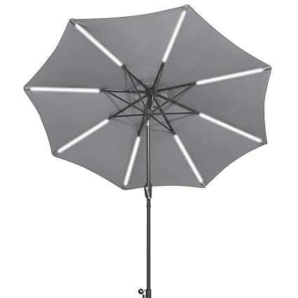 TANGKULA 9ft Patio Umbrella Outdoor Tilt Umbrella Lawn Garden Balcony Sunshade Tent Rain Shelter Patio Furniture with Solar Led Light(Grey)