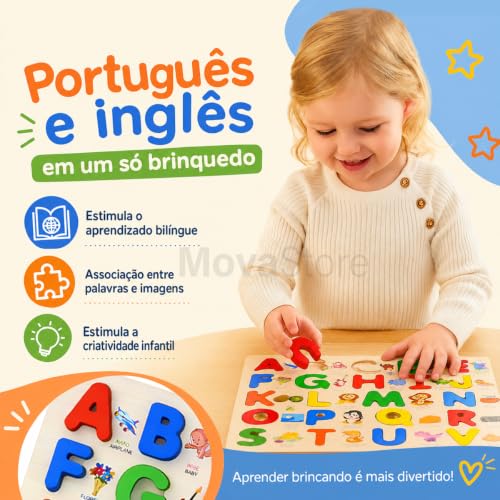 Tabuleiro Alfabeto em Madeira Montessoriano Educativo Brinquedo Pedagógico para Crianças 26 Letras Coloridas com Palavras e Figuras Ilustrativas Bilíngue Português e Inglês