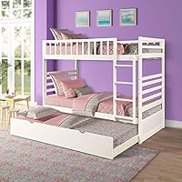 Bunk Beds for Kids, Twin Over Twin Bunk Bed with Trundle, Wooden Twin Bed with Safety Rail Ladder, Teens Bedroom Bed, Guest Room Furniture (Milk White)