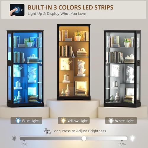 180 cm Display Cabinet with Glass Doors, Modern Curio Cabinet with 3 Color Lights, 7-Tiers Glass Display Cases for Collectibles, Tall Lego Storage Cabinet with Human Body Sensor (Black)