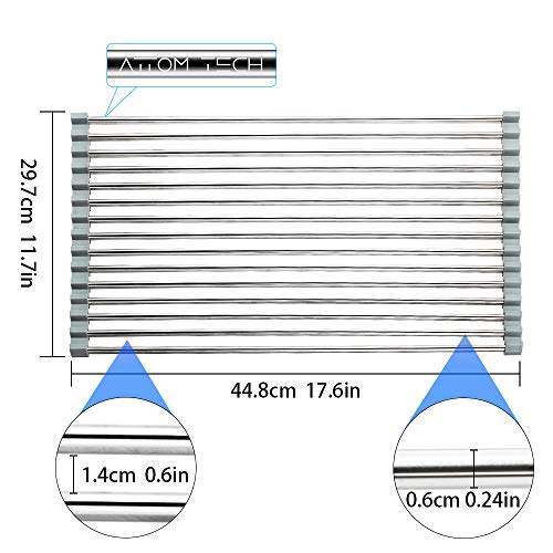 17.7" x 11.5" Long Dish Drying Rack, Attom Tech Home Roll Up Dish Racks Multipurpose Foldable Stainless Steel Over Sink Kitchen Drainer Rack for Cups Fruits Vegetables