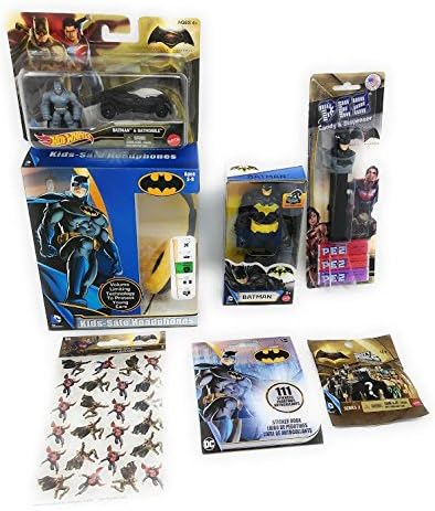 Batman Headphones Kid Friendly with Volume Control and Cushion Ears with Batman PEZ Dispenser and Candy and Six Inch Action Figure and Five Inch Mini Figure with Batmobile and More!