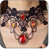Locrccl Black Lace Choker Necklace for Women Gothic Steampunk Lace Collar Choker Vintage Red Black Crystal Vampire Necklaces for Halloween Jewelry Witch Costume Accessories
