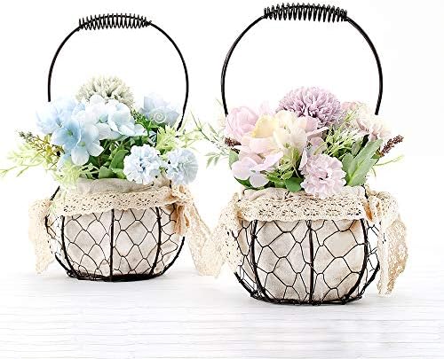 GoMaihe Artificial Hydrangea Flowers Plants Set of 2 With Metal Basket, 15 × 30cm Small Indoor and Outdoor Fake Plants, Roses Flowers for House Office Desk Kitchen Decoration, Exquisite New House Gift
