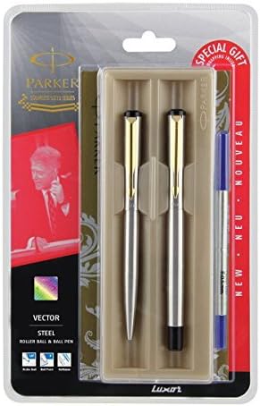 Parker Vector Roller Ball Pen &amp; Ball Pen Combo Gift Set - Fine writing pens (STEEL GT)