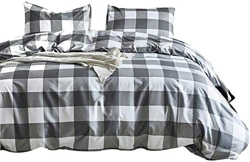 Lurson Checked Bedding Sets Grey White Plaid Duvet Cover Men Duvet Cover Twin XL(1 Duvet Cover 66"x90"+1 Pillowcase 20x26)
