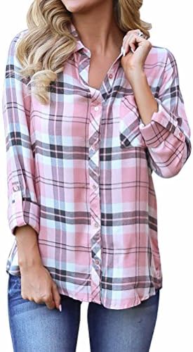 sisiyer Women's V Neck 3/4 Cuffed Sleeve Plaid Blouse Tops Pink Medium