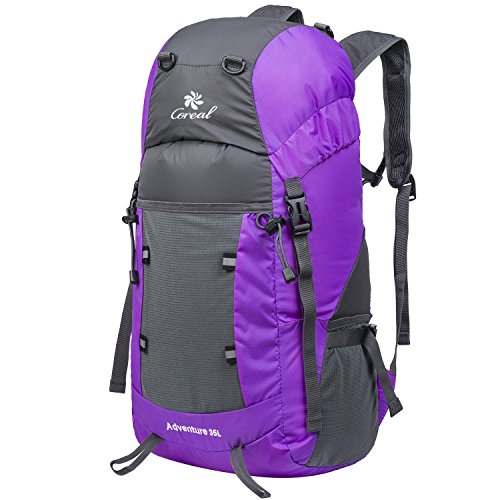 Coreal 35L Large Lightweight Collapsible Packable Travel Hiking Backpack Trekking Bag Purple