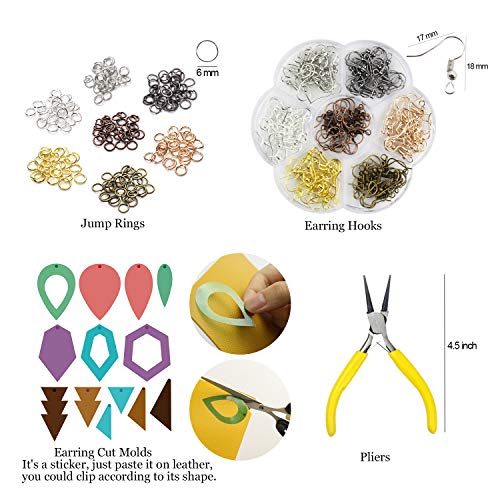 10pcs Metallic Faux Leather Sheets + 10pcs Double Sided Litchi Synthetic Leather Fabric Sheets(6”x 6”) with 140pcs Earring Hooks, 140pcs Jump Rings, Pliers and Cut Molds for Earring Making Crafts