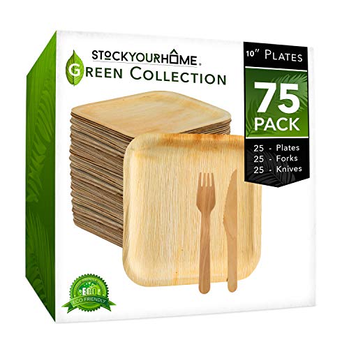 Eco Dinnerware Bamboo Like Palm Leaf Plates with Wooden Cutlery, 25 Square 10 Inch Plates with 25 Forks and 25 Knives, 75 Pieces