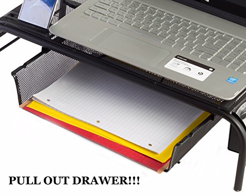 Monitor Stand Riser, Mesh Metal Desktop for Computer/Laptop TV Printer with Pull Out Drawer. New Design with Two Cellphone Slots. Two Compartments for Storage Organizer [Upgraded] by House Ur Home - Thumbnail 2