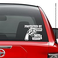 Protected by Smith Wesson Gun Pistol Vinyl Decal Sticker Car Truck Vehicle Bumper Window Wall Decor Helmet Motorcycle and More - (Size 5 inch / 13 cm Wide) / (Color Matte Black)