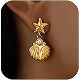 14k Gold Plated Starfish Dangle Earrings with Pearl, Gold Shell Coastal Jewelry, Elegant Beach Wedding Earrings for Women, Stylish Seaside-inspired Accessories