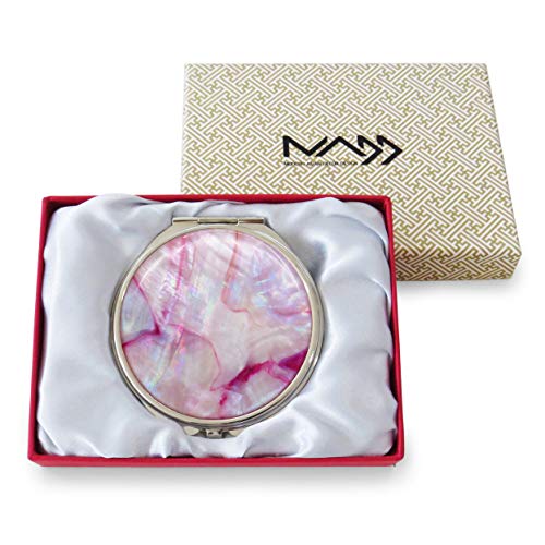 Makeup-Compact-Pocket-Mirror-Mother-of-Pearl-Metal-Round-Double-Sided-Folding-Magnify-Marble-Pink