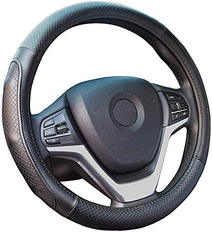 Steering Wheel Covers with Genuine Leather Universal 15 inch for Car Truck SUV (Black with Black Lines)