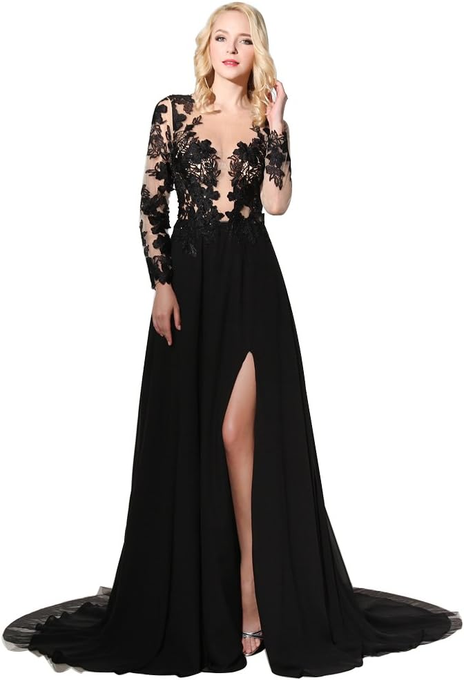 Sexy Black Side Split Evening Dresses Sheer Neckline Long Sleeves Prom Dress Long Leg Slits Appliques
