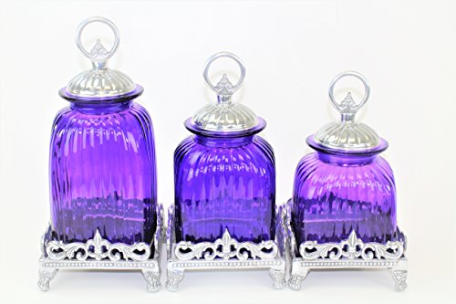 PURPLE 3PC. LARGE GLASS CANISTERS SET WITH BASE (RING, SILVER)