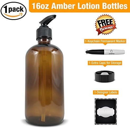 Empty Amber Glass Lotion Bottle-Large 16 oz Refillable Container for Lotion, Soap, Shampoo, & More-Black Lotion Pump-1 PackBonus Free Caps, Designer Labels, Permanent Marker, & Money Saver eBook
