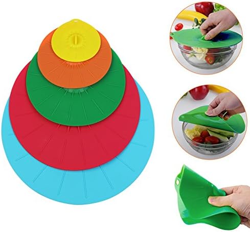 Nikekaco Silicone Suction Lids - Set of 5 Microwave Food Covers - Diameter 4" 6" 8" 10" 12" Fit Cups Dishes Skillets Pans -Keep Your Food Fresh &amp; Guard Against Microwave and Cooking Splatter