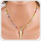 LKingel Gold Fish Necklace for Women Fish Pendant Necklaces Boho Colored Beaded Necklace Beach Charm Necklaces Summer Beach Mermaid Jewelry Gifts