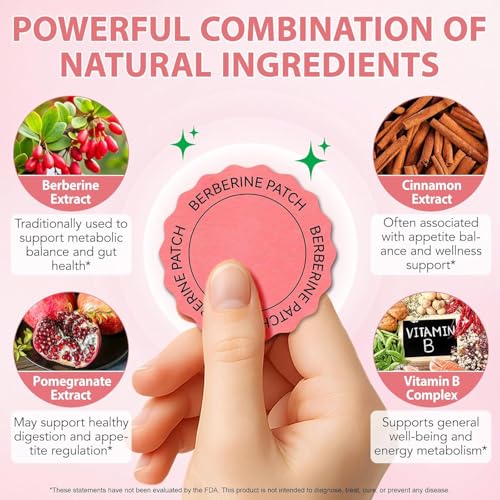 Berberine Patches, Berberine Support Patches with Berberines & Cinnamon Extract, Vegan, Helps Support Metabolism & Energy Levels (1 Pack)