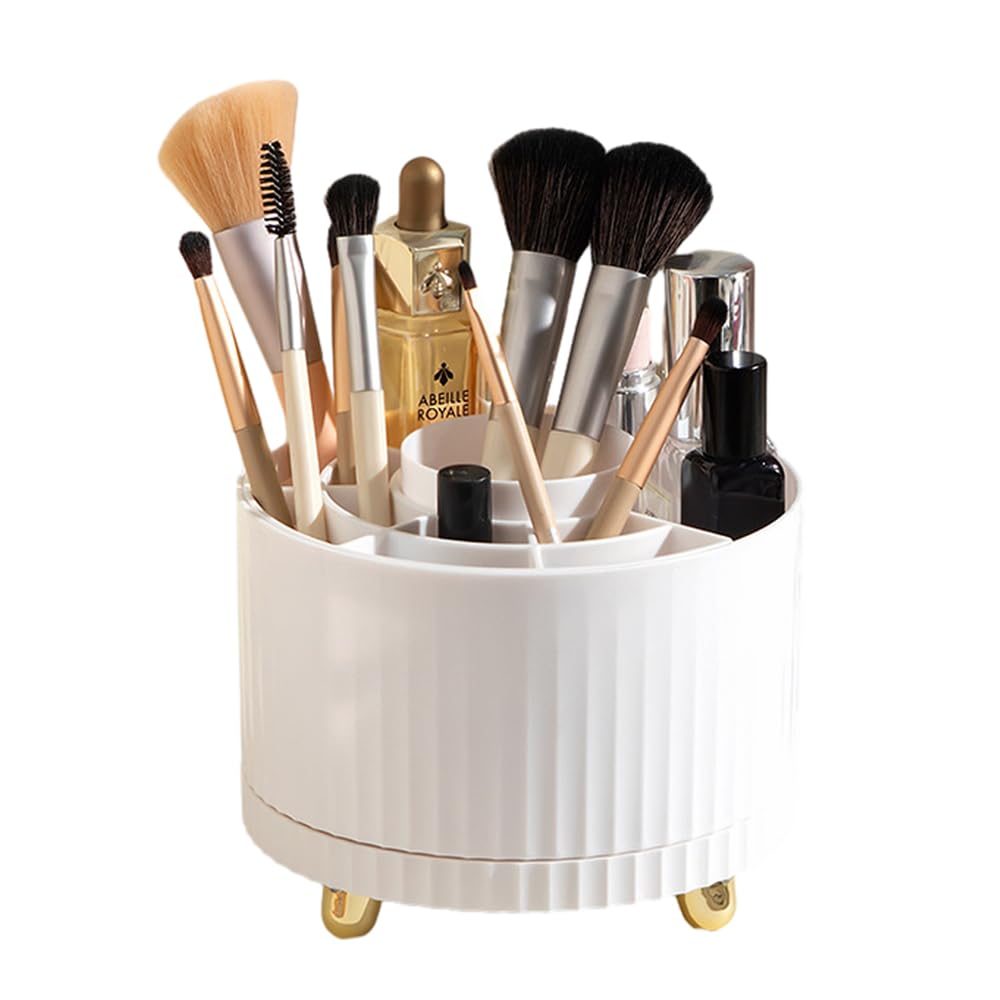Axroad Mall 360° Rotating Makeup Brush Holder, Makeup Organiser Desktop Pen Holder Cosmetic Storage Box for Dressing Table Bedroom Bathroom Office (White)