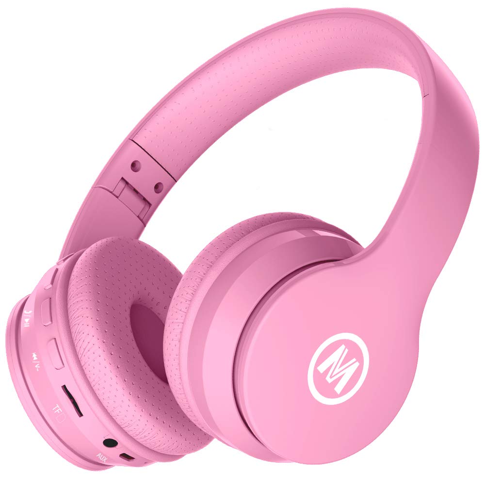 Mokata Kids Headphone Bluetooth Wireless Over Ear Foldable Stereo Sound Headset with AUX 3.5mm Jack Cord SD Card Slot , Built-in Mic Microphone For Boys Girls Cellphone TV PC Game Equipment B01 Pink