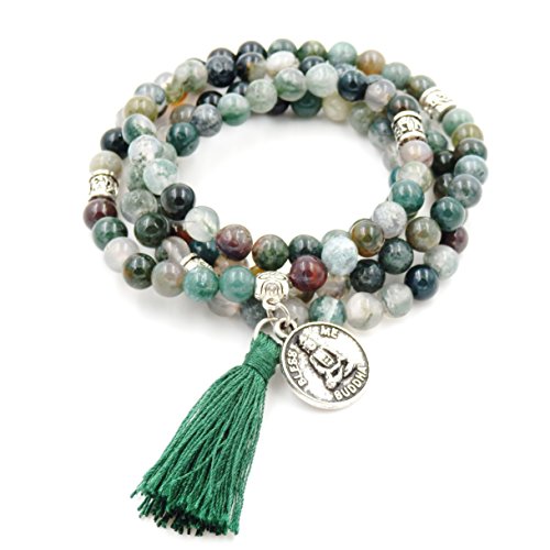 Malahill Mala Beads Bracelet, Buddhist Mala Prayer Beads, Buddha Bless Me Statement Necklace (Indian Agate)