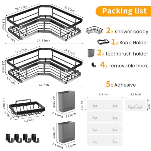 Yoawllty Bathroom Organizer, 2 Pack Corner Shower Caddy, Adhesive Shower Corner Organizer Shelves, No Drilling Stainless Steel Shower Storage Rack with Hooks,Toothbrush Holder,Soap Holder for Bathroom