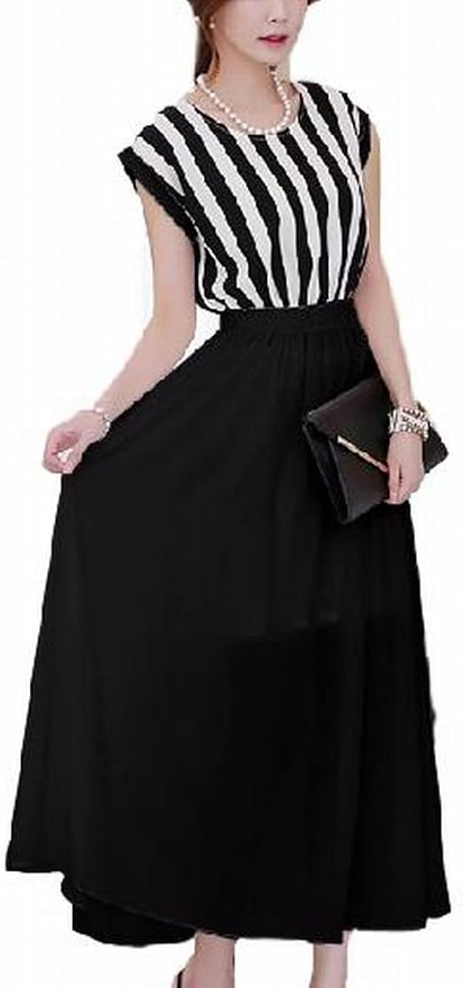 Amazon Co Jp アピリシェイト Appre Ciate ストライプ ワンピース ロング 丈 大人 足長 リゾート 旅行 ウエスト ゴム 切り替え ホワイト ブラック L 服 ファッション小物