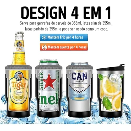 Caneca Porta Latas 4 em 1 Inox Térmica a Vácuo para Long Neck 355ml - Preto