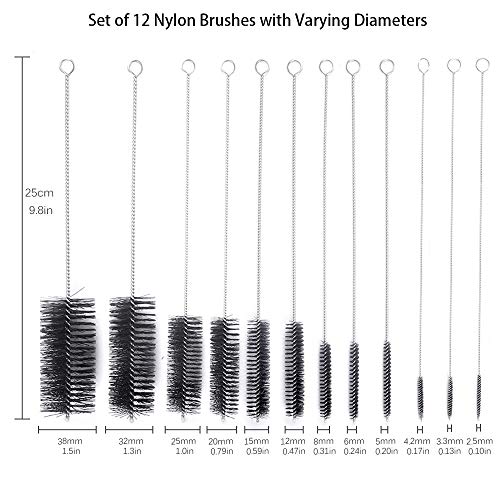 eZAKKA 9.8 Inch 12 Pieces Nylon Tube Brushes Pipe Cleaning Brush Glasses Straws Cleaning Brushes with Suction Cup Hook, Black