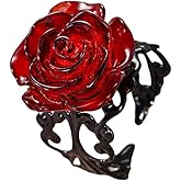 Vintage Dark Red Rose Flower Open Gothic Statement Ring for Women Adjustable Punk Goth 3D Floral Wrap Finger Band Rings Y2K Aesthetic Comfort Fit Valentine Cocktail Party Halloween Jewelry Gift