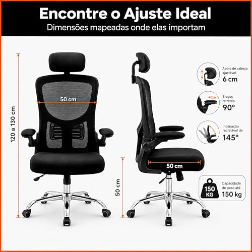 Laruno Cadeira de Escritório Ergonômica Premium NR17 Preta Giratória Reclinável 145 Graus com Suporte Lombar Encosto Mesh Respirável Cadeira Gamer Regulagem de Altura e Braços Suporta até 120kg