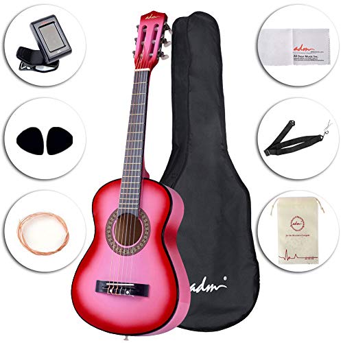 ADM Beginner Classical Guitar 30 Inch Steel Strings Pink Bundle Kit with Gig Bag, Tuner, Strings, Strap, and Picks