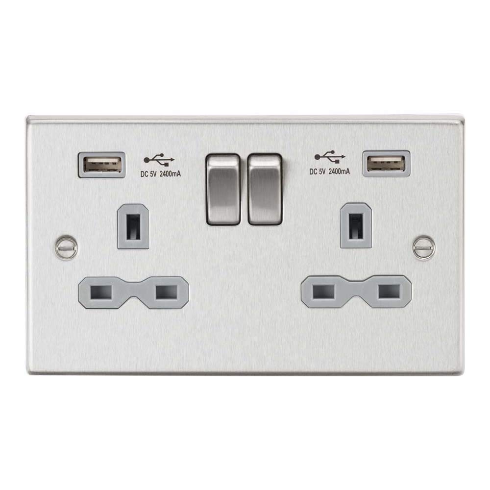Knightsbridge CS9224BCG 13A 2G Switched Socket Dual USB Charger (2.4A) with Grey Insert - Square Edge Brushed Chrome