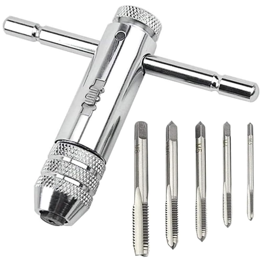 Puedno Adjustable T-Handle Ratchet Tap, M3-M8 Threading Wrench Set, Machine Screw T-Shaped Tap Holder, Thread Metric Plug Tapper Tool