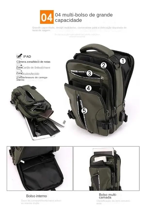 Bolsa Masculina Transversal Impermeável, Mochila com Saída USB, Pochete Grande em Poliéster, Alça Ajustável para Tablet e Celular
