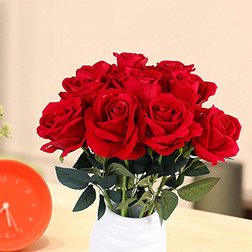 Supla 10 Pcs Artificial Roses Red with Stems Open Silk Roses Velvet